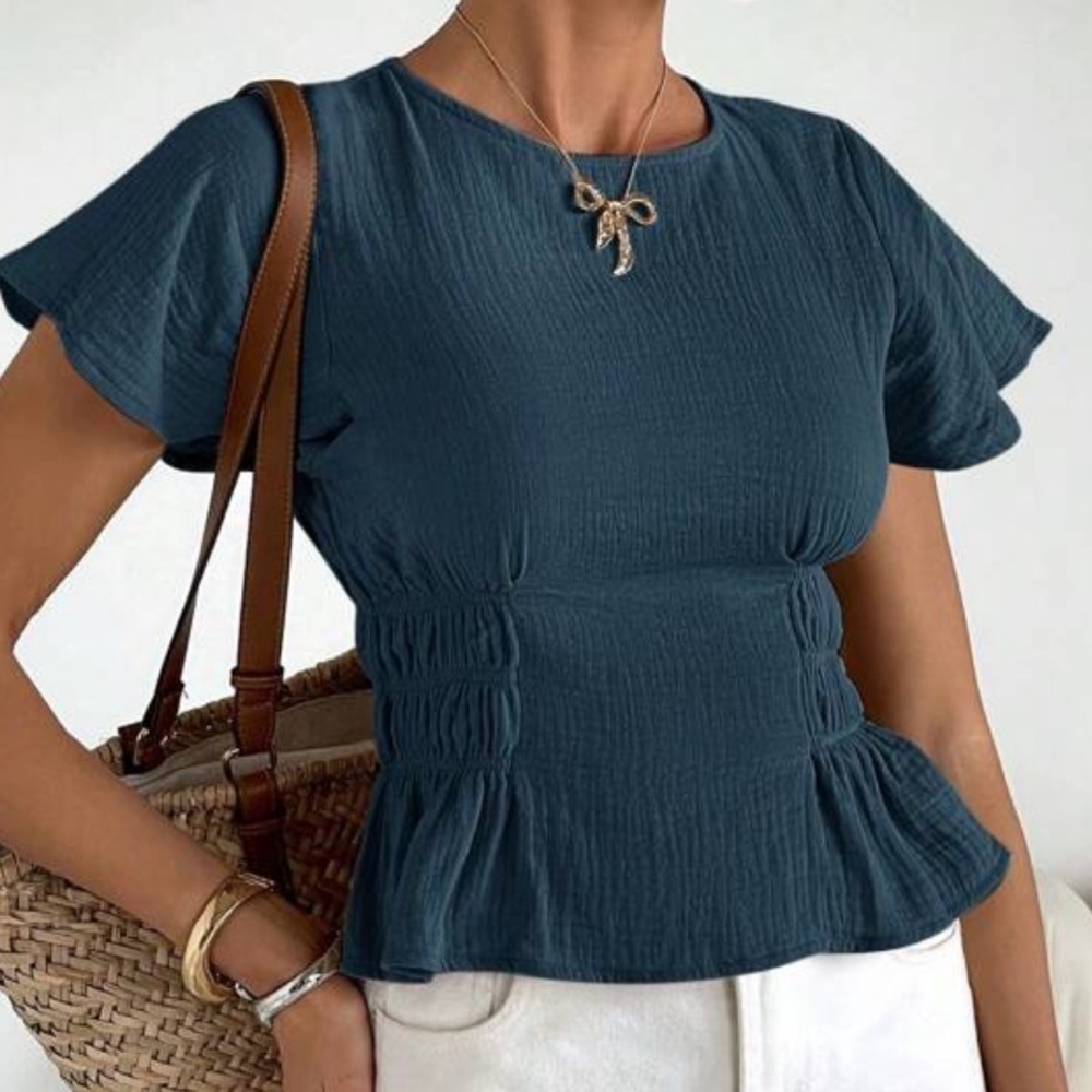 SHEIN Teal Ruffle Sleeve Blouse